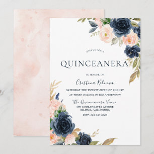 Invitation Blush & Navy Peach Flowers Quinceanera Party