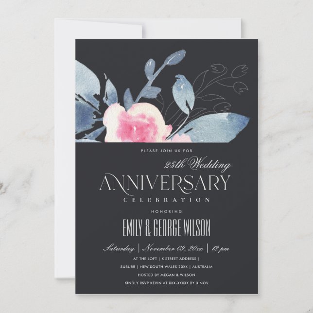 Invitation BLUSH NOIR FLEUR BLEUE 25ème ANNIVERSAIRE TOUTE AN (Devant)