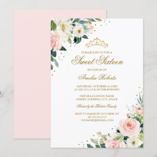 Invitation Blush Pailleté Élégant Fleurs Dorées Sweet Sixteen