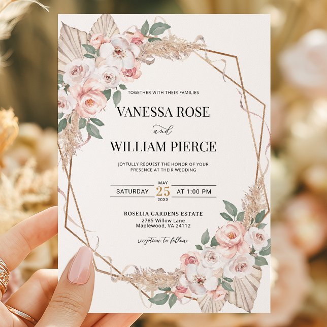 Invitation Blush Pampas Grass Boho Mariage Or Géométrique (Créateur téléchargé)