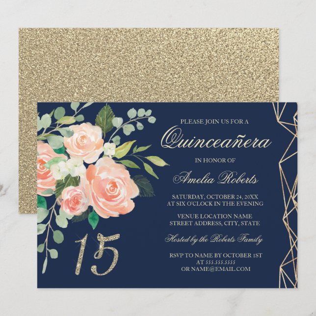 Invitation Blush Peach Floral Gold Parties scintillant Marine (Devant / Derrière)