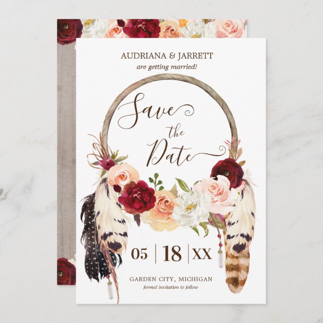 Invitation Blush & Peach Rose Attrape-rêve Boho Save the Date (Devant / Derrière)