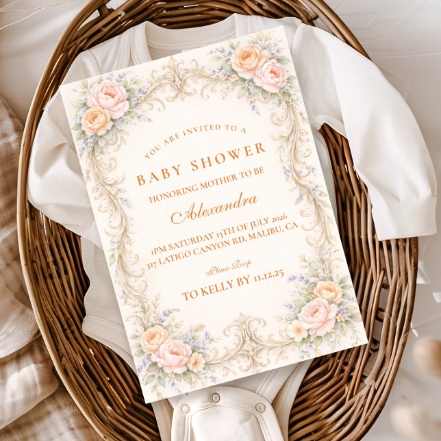 Invitation Blush Peach Rose Baroque Baby Shower (Créateur téléchargé)