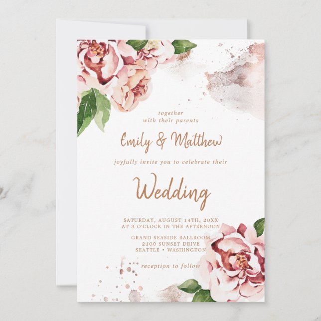 Invitation Blush Peonies Moderne Abstrait Faux Parties scinti (Devant)