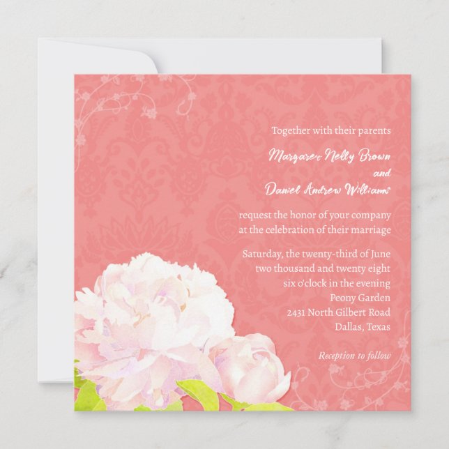 Invitation Blush Peony et Coral Mariage damassé (Devant)