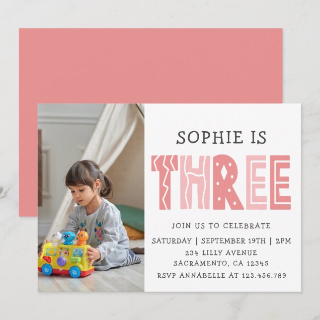 Invitation Blush Pink 3ème anniversaire Photo (Devant / Derrière)