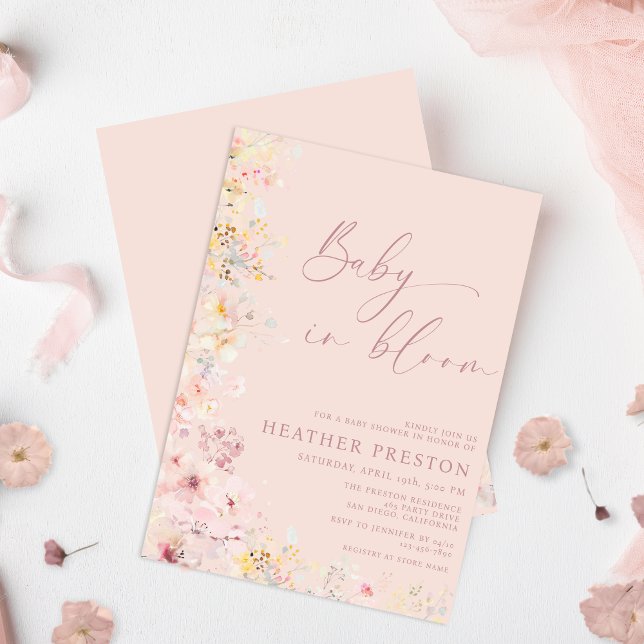 Invitation Blush Pink Baby In Bloom Wildflower QR Baby Shower (Créateur téléchargé)