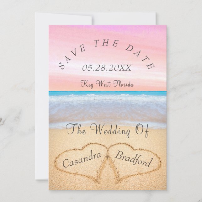 Invitation Blush Pink Beach Wedding 2 Coeurs Mariage de sable (Devant)