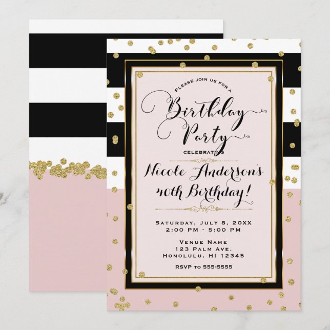 Invitation Blush Pink Black White & Gold Glam Anniversaire (Devant / Derrière)