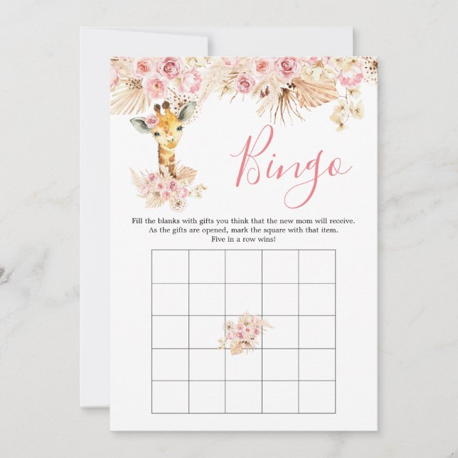 Invitation Blush Pink Boho Giraffe Baby shower Bingo Jeu (Devant)