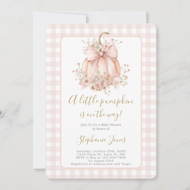 Invitation Blush Pink Bow A Little Pumpkin Baby Shower girl (Devant)