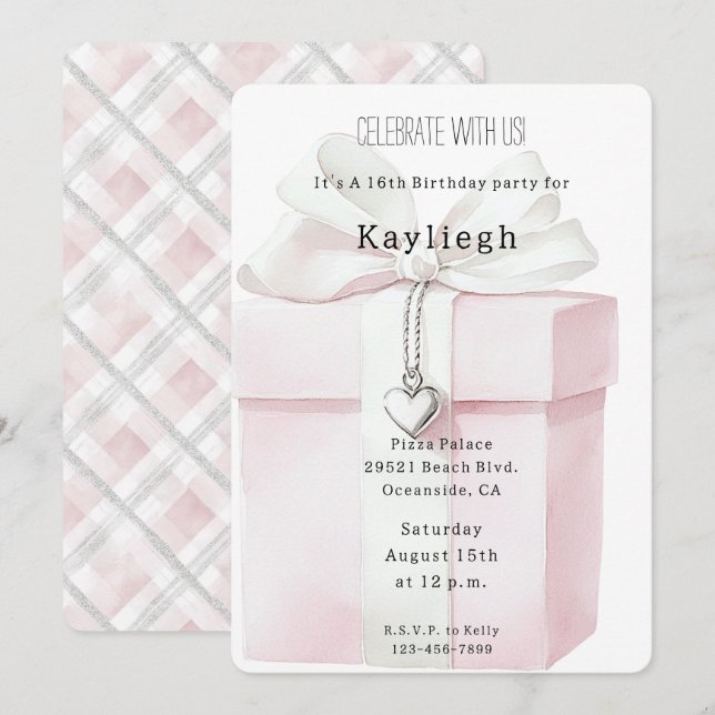Invitation Blush Pink Bow Cadeau Coeur Charme Anniversaire (Devant / Derrière)