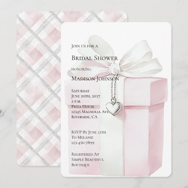 Invitation Blush Pink Bow Cadeau Coeur Charme Fête des mariée (Devant / Derrière)