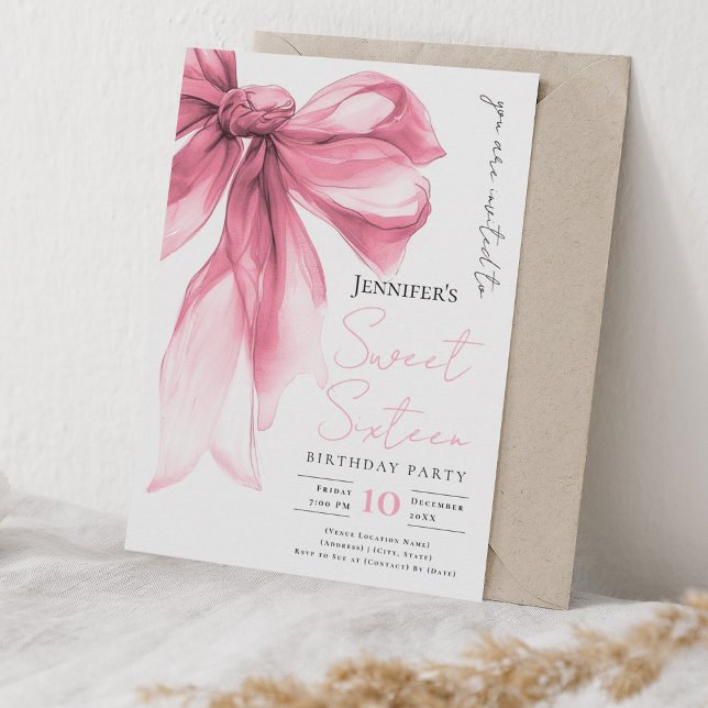 Invitation Blush Pink Bow Coquette Script Sweet 16 Party  (Blush Pink Bow Coquette Script Sweet 16 Party Invitation)