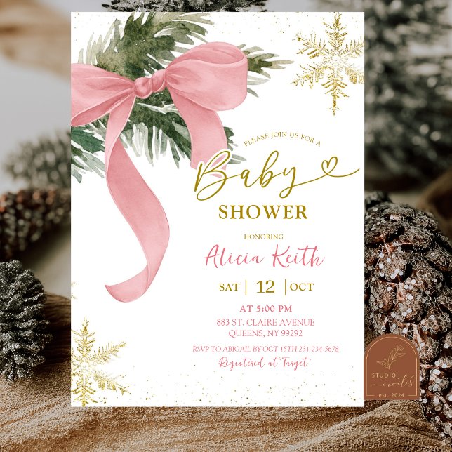 Invitation Blush Pink Bow Coquette Winter Baby Shower (Créateur téléchargé)