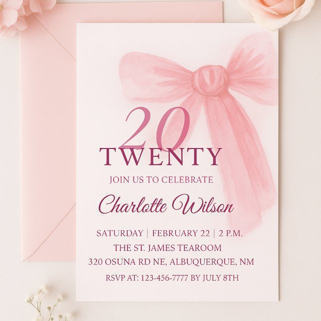 Invitation Blush Pink Bow Elegant Twenty 20th Birthday (Créateur téléchargé)
