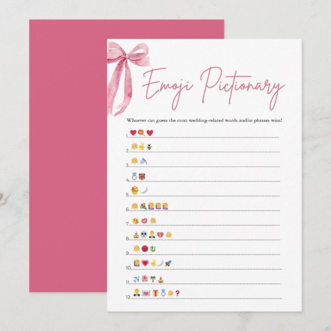 Invitation Blush Pink Bow Fête des mariées Emoji Pictionary J (Devant / Derrière)