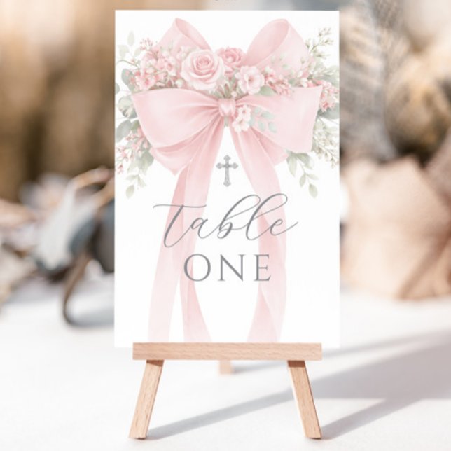 Invitation Blush Pink Bow Floral Baptism Table Number (Créateur téléchargé)