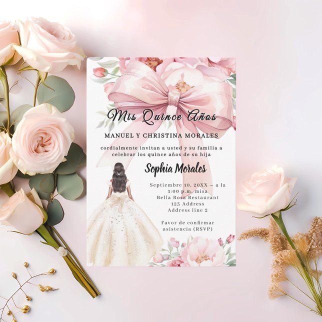 Invitation Blush pink bow florals dress Quinceanera (Créateur téléchargé)