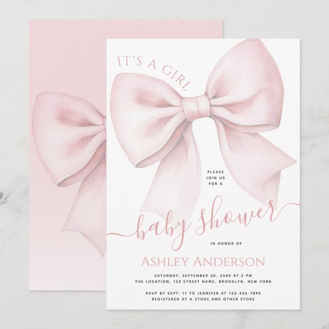 Invitation Blush Pink Bow It's a Girl Baby Shower (Devant / Derrière)