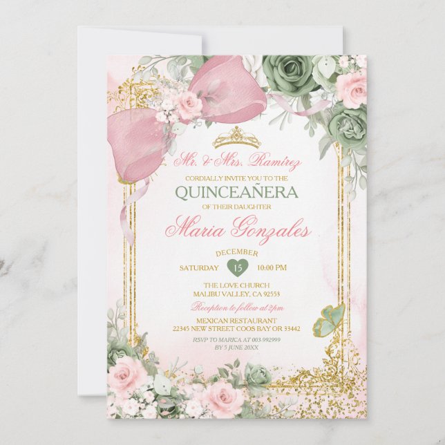 Invitation Blush Pink Bow & Sage Green Floral Quinceañera (Devant)