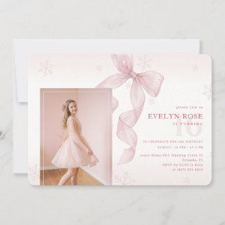 Invitation Blush Pink Bow Winter Girl Photo 16th Birthday