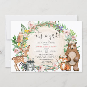 Invitation Blush Pink C'Est Une Fille Baby shower Animaux Boi