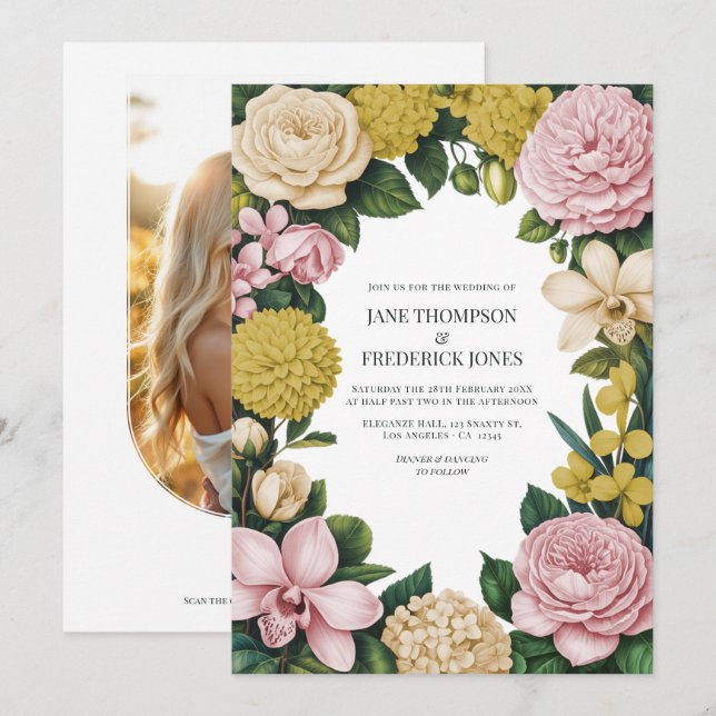 Invitation Blush Pink, Champagne & Gold Floral Wedding (Devant / Derrière)