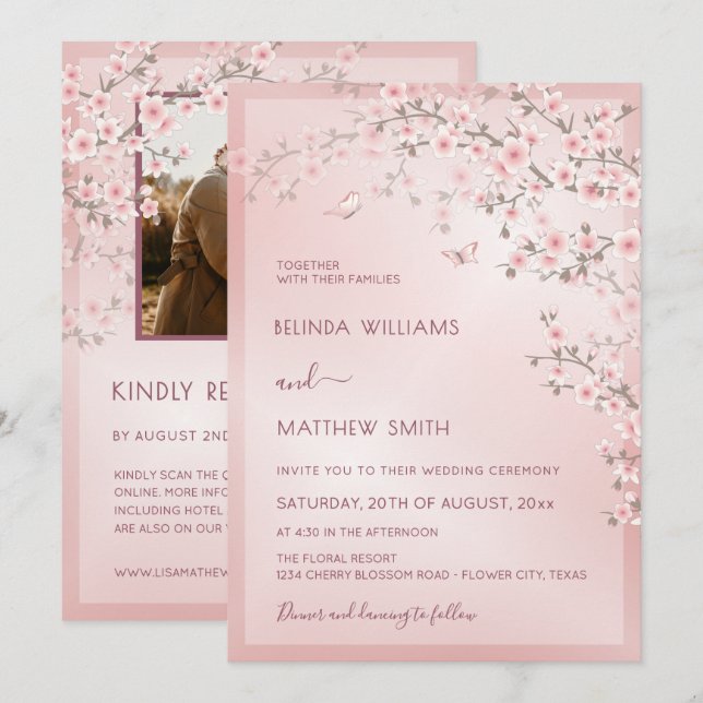 Invitation Blush Pink Cherry Blossom Photo Wedding (Devant / Derrière)