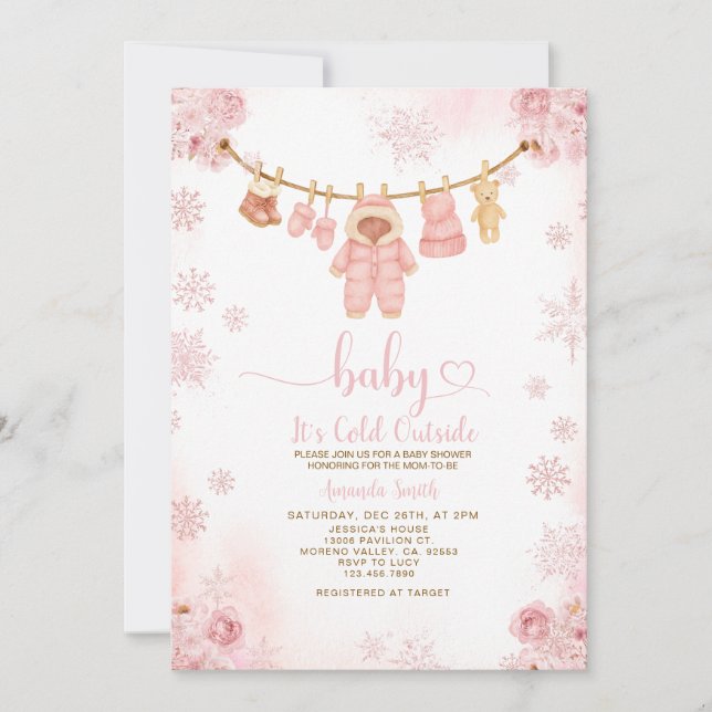 Invitation Blush Pink Clothesline Cold Outside Baby Shower (Devant)