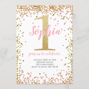 Invitation Blush Pink Confetti fille premier anniversaire or