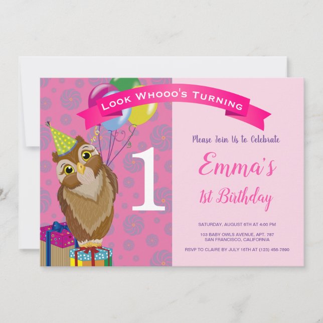 Invitation Blush Pink Cute Baby Owy 1st Birthday Party Photo (Devant)