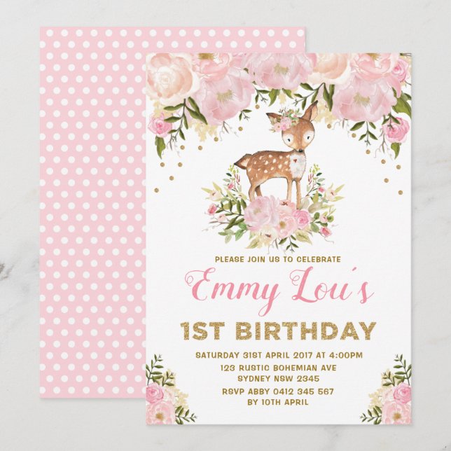 Invitation Blush Pink Deer 1er Anniversaire Aquarelle Florale (Devant / Derrière)