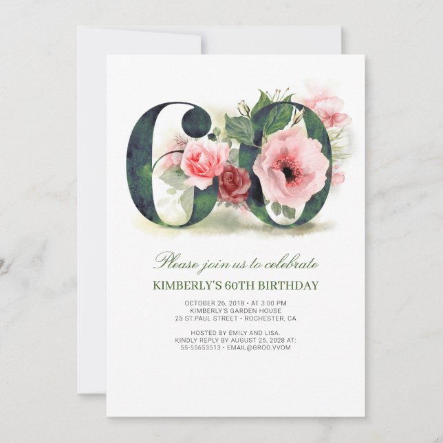 Invitation Blush Pink Floral 60e fête anniversaire (Devant)