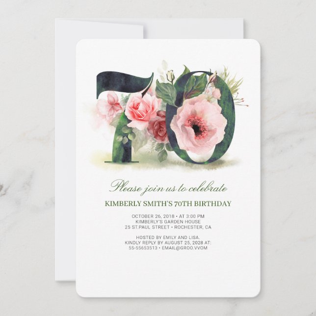 Invitation Blush Pink Floral 70e fête d'anniversaire (Devant)