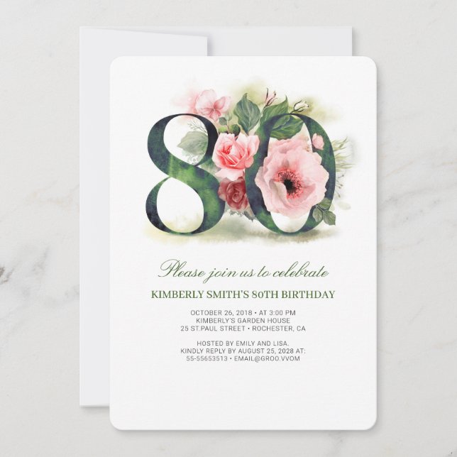 Invitation Blush Pink Floral 80e fête d'anniversaire (Devant)