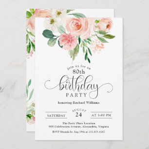Invitation Blush Pink Floral 80e fête d'anniversaire