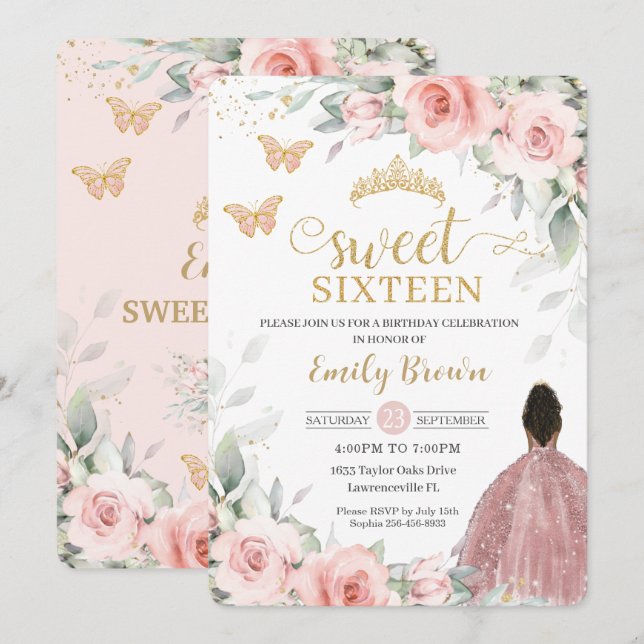 Invitation Blush Pink Floral Brown Princess Sweet Sixteen (Devant / Derrière)