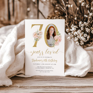 Invitation Blush Pink Floral Photo 70e Anniversaire Invitatio