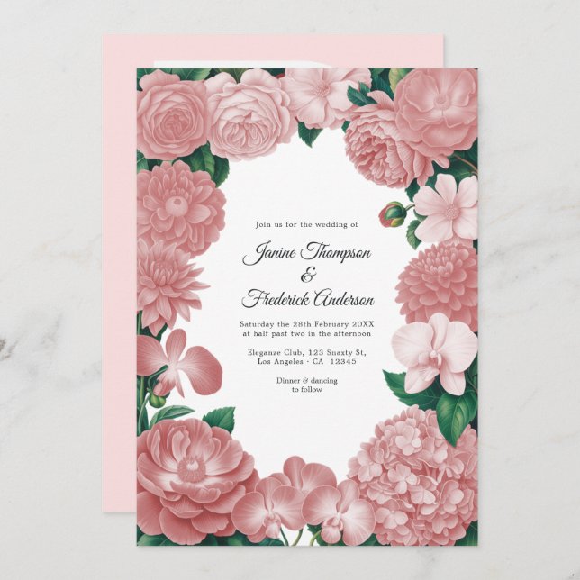 Invitation Blush Pink Floral Photo and QR Code Wedding (Devant / Derrière)