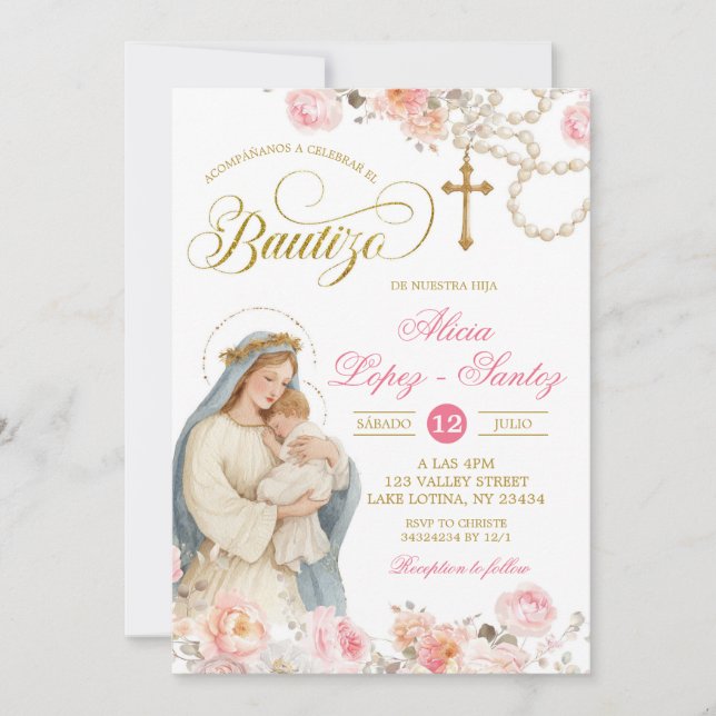 Invitation Blush Pink Floral Virgin Mary Bautizo Invitacion (Devant)