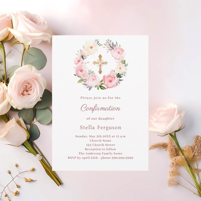 Invitation Blush pink florals cross Confirmation (Créateur téléchargé)