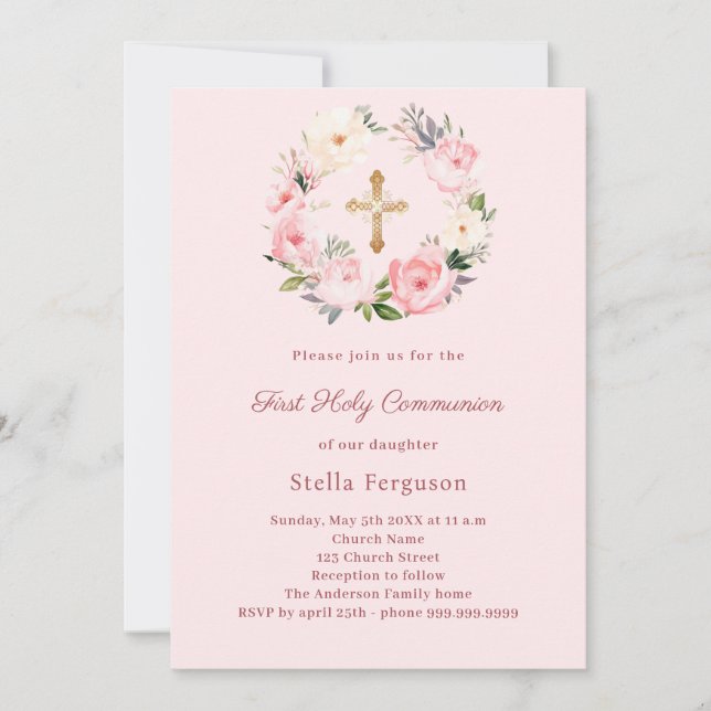 Invitation Blush pink florals cross First Communion (Devant)