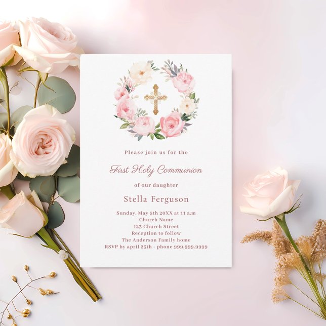 Invitation Blush pink florals cross First Communion (Créateur téléchargé)