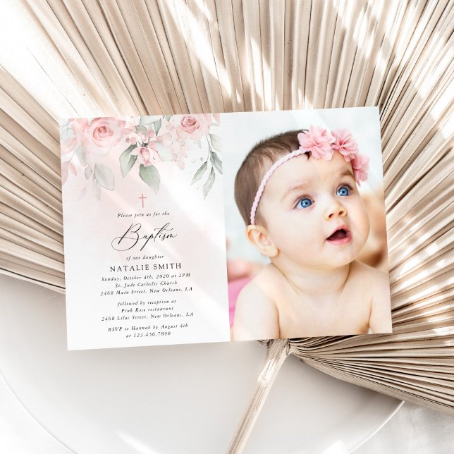 Invitation Blush Pink Flowers, Greenery, Boho, Floral Baptism (Créateur téléchargé)