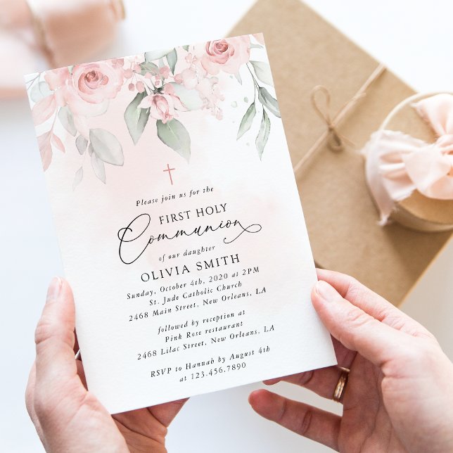 Invitation Blush Pink Flowers, Greenery, First Holy Communion (Créateur téléchargé)