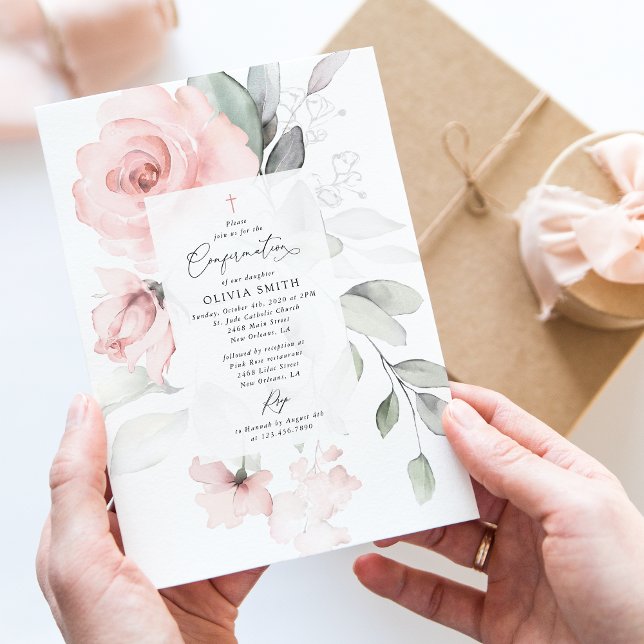 Invitation Blush Pink Flowers, Greenery, Floral Confirmation (Créateur téléchargé)
