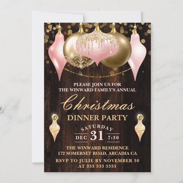 Invitation Blush Pink & Gold Baubles Soirée de Noël (Devant)