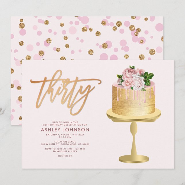 Invitation Blush Pink & Gold Cake Confetti30e fête d'annivers (Devant / Derrière)