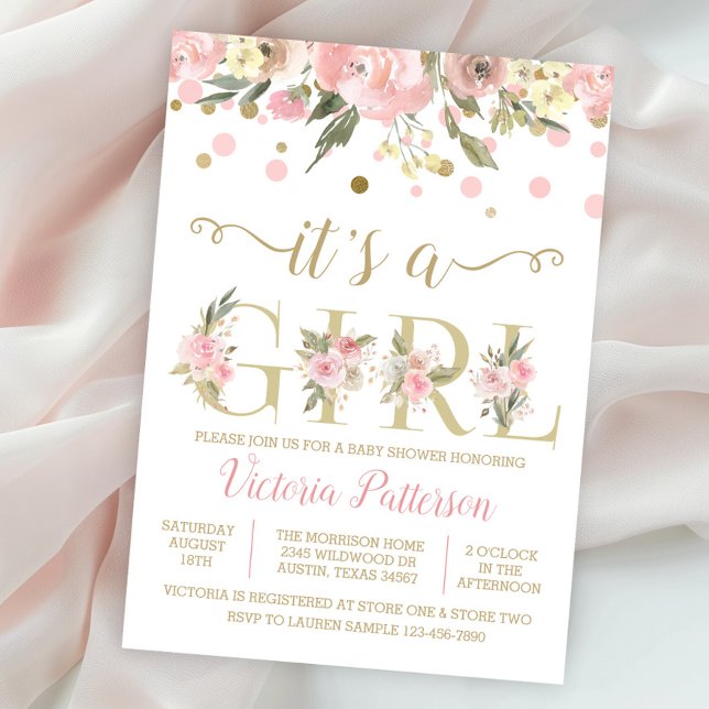 Invitation Blush Pink Gold C'Est Un Baby shower Fille (Pretty pink and gold it's a girl baby shower invitation with watercolor flowers.)
